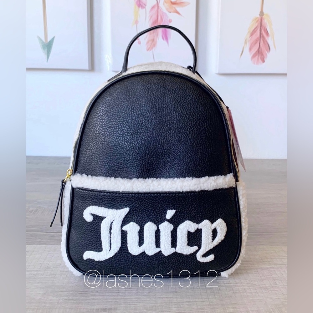 JUICY COUTURE Flashback Mini Backpack -  Black w/Faux Sherpa Trim